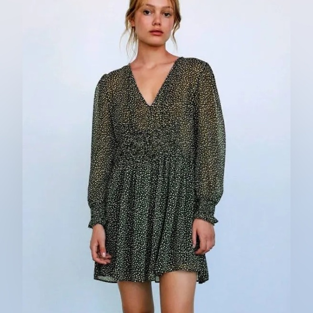 Zara Black and Tan Polka Dot Long Sleeve Mini Dress